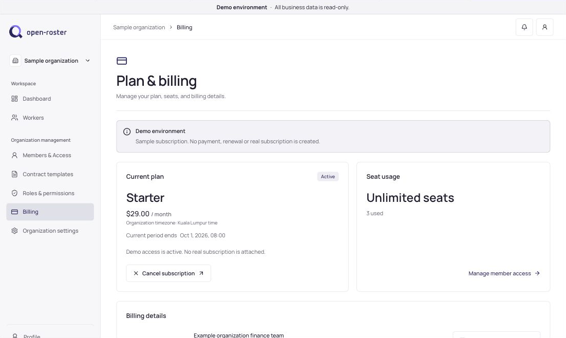OpenRoster subscription and billing screen with example data