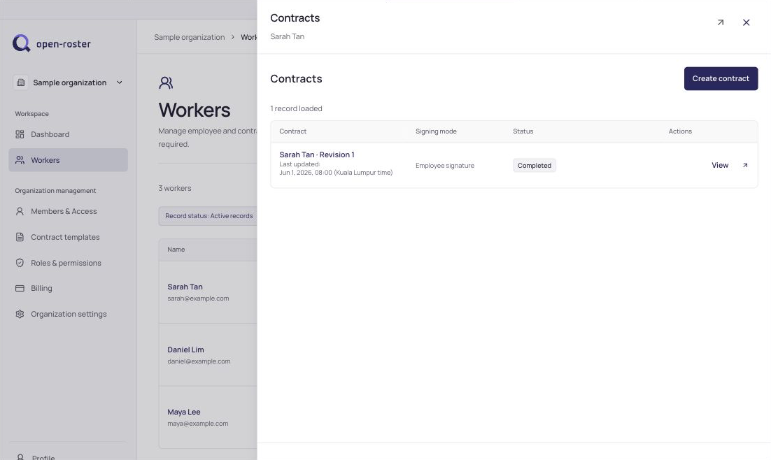 OpenRoster contracts signed online screen with example data