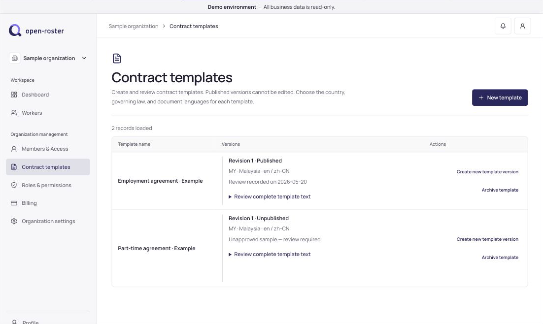 OpenRoster contract templates screen with example data